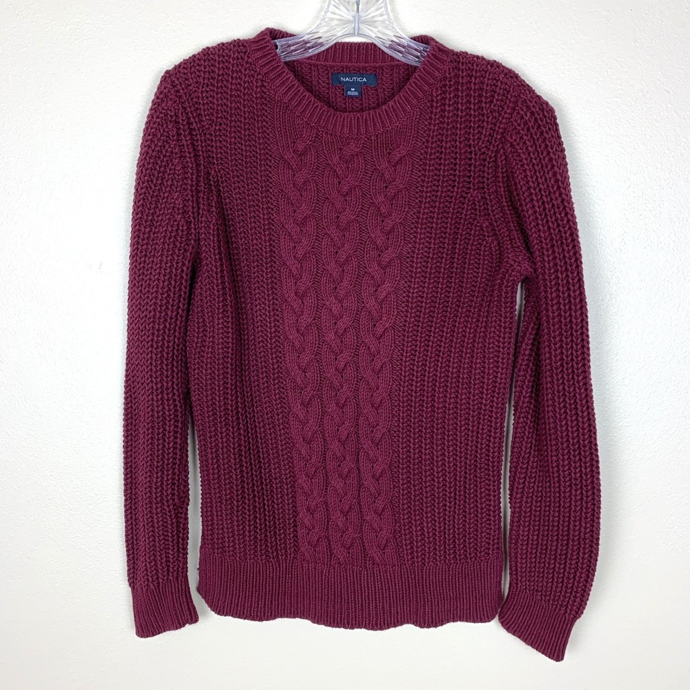 Nautica Cable Knit Pullover Sweater Size M Crew Neck Burgundy Fisherman Chunky